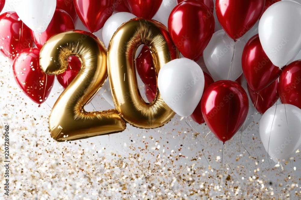 Fototapeta premium Festive golden number 20 balloons surrounded by red and white festive latex balloons with shimmering confetti celebrating a special anniversary or milestone event