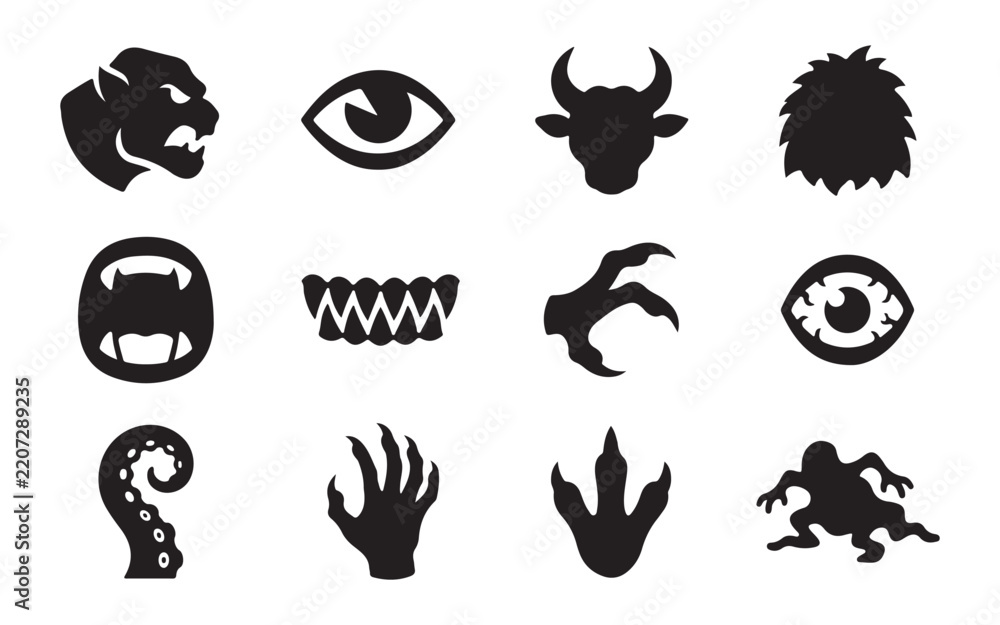 Obraz premium Monster body parts and creature anatomy black silhouette icons set for fantasy role playing games art.