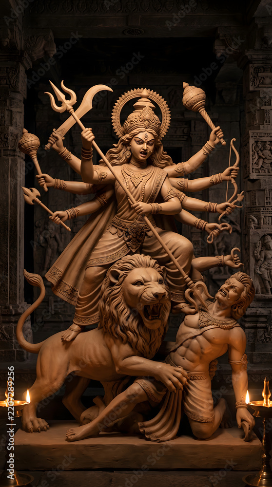 Fototapeta premium Intricate wooden sculpture of goddess durga defeating mahishasura in a temple setting