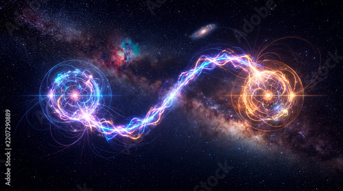 Conceptual photorealistic visualization of quantum entanglement connecting two particles in outer space