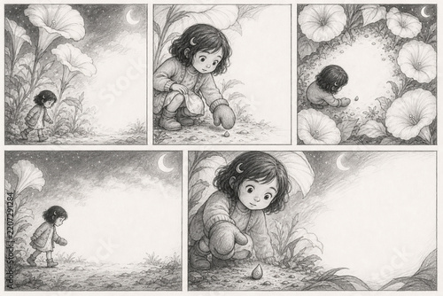 Pencil Storyboard of Child Discovering Giant Flowers
