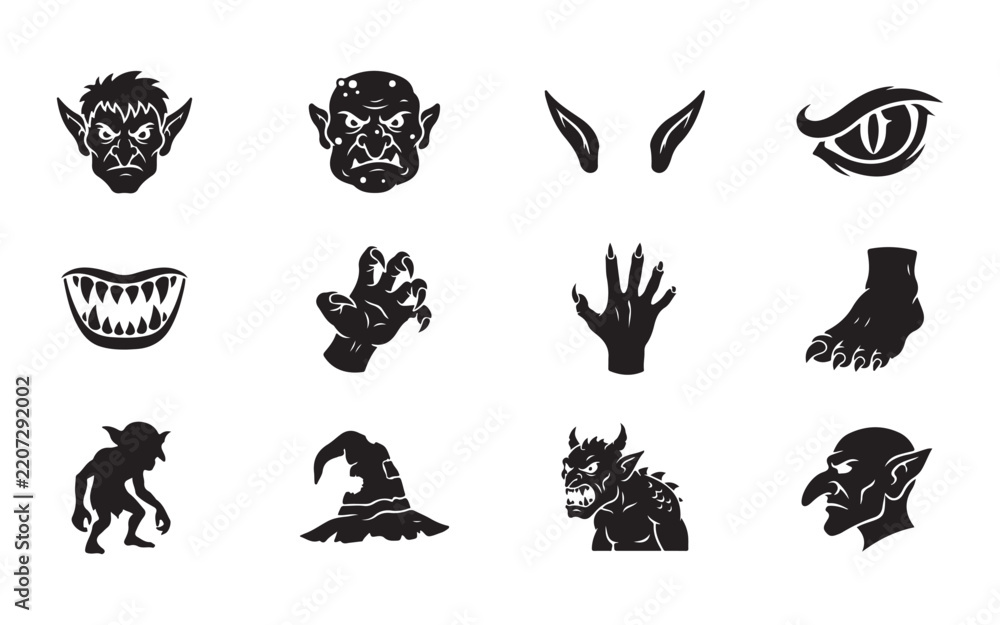 Fototapeta premium Collection of black goblin vector icons including faces eyes claws hats and monsters for game art.