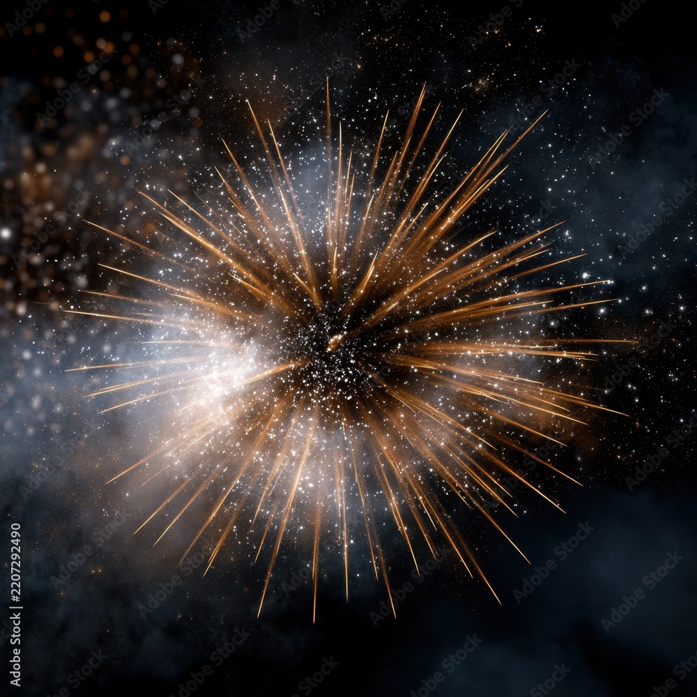 Fototapeta premium Vibrant golden fireworks bursting with sparkling particles against a dark night sky creating a dazzling celebration effect