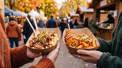 Hands holding paper food trays with street food at an autumn market. Friends enjoying savory snacks and sharing a cozy outdoor meal. Food trucks and street food at autumn festivals marketing concept.