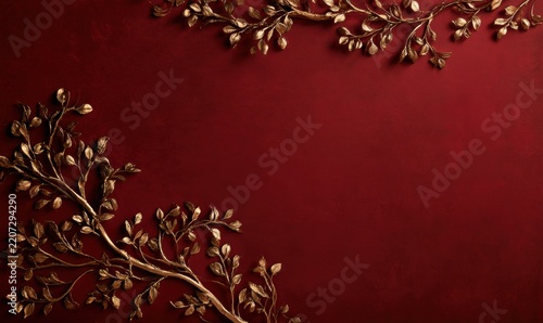 Red backdrop with golden decorative branches and buds