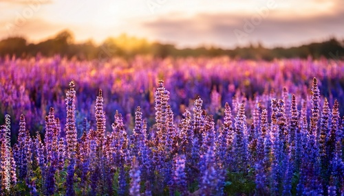 a captivating close up photograph featuring a vibrant field of densely blooming purple and blue salvia flowers