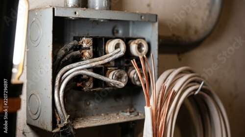 Old aluminum wiring beside new copper cable coils in open fuse box showing home electrical rewiring upgrade.