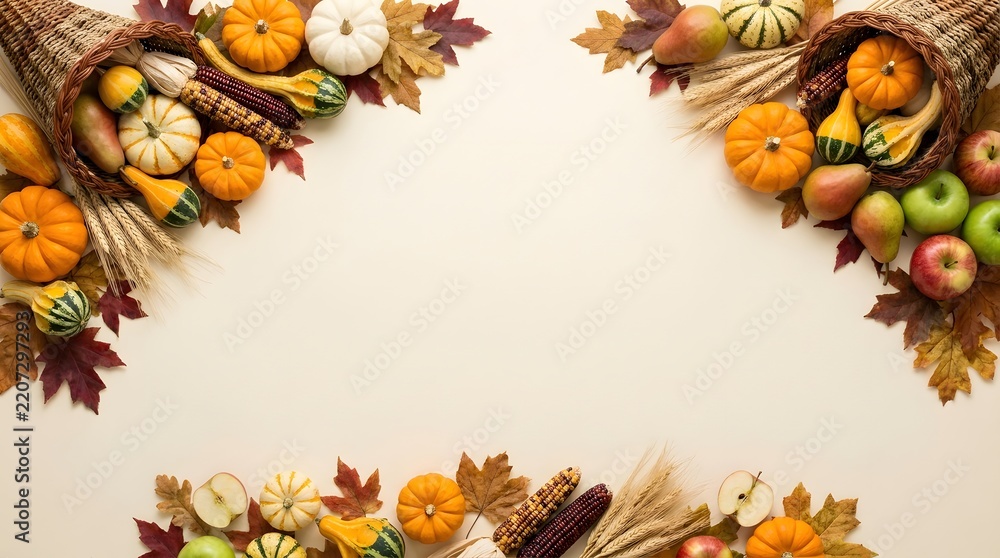 Fototapeta premium Festive autumn harvest background with pumpkins gourds and colorful fall leaves arranged as a decorative border frame design