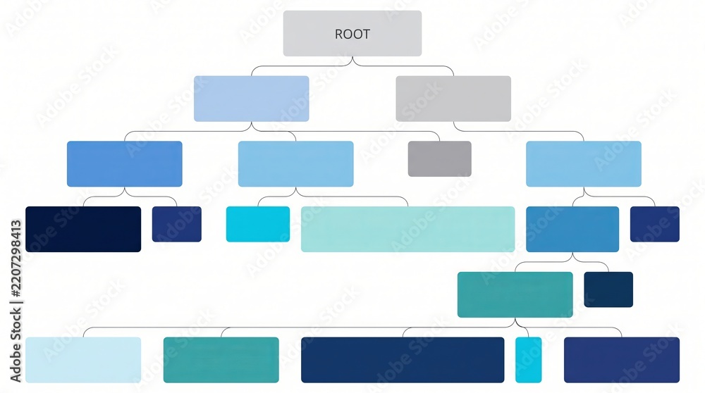 Obraz premium Blue organizational hierarchy tree chart with blank rectangular blocks business structure corporate governance business organization process flow company structure data visualization flowchart