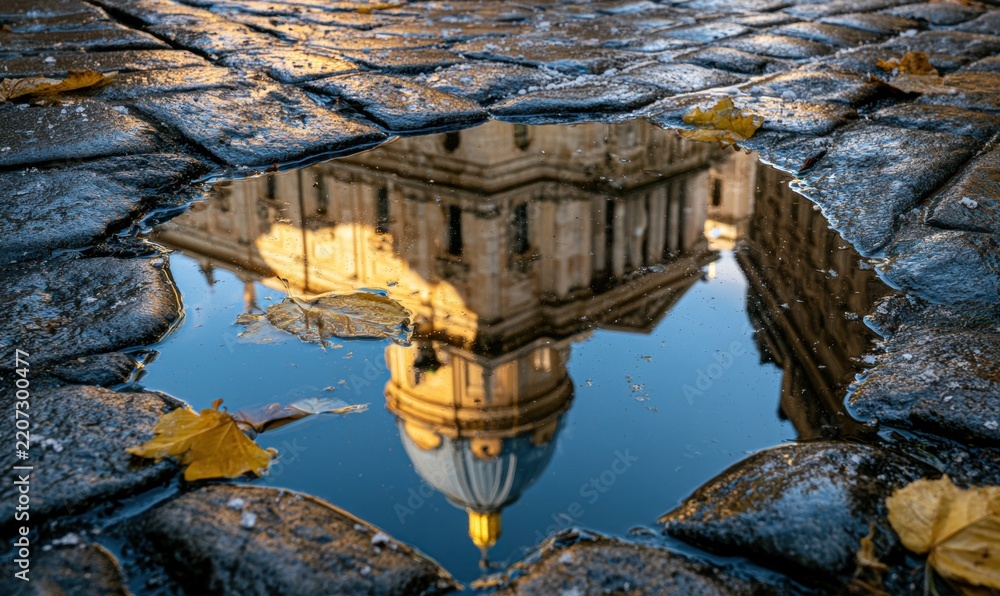 Fototapeta premium Urban reflection photo showing church dome mirrored in rain puddle