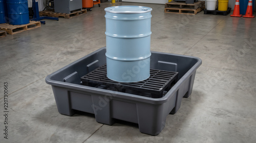 Industrial 55 gallon metal drum standing on a plastic spill containment pallet inside a modern warehouse facility
