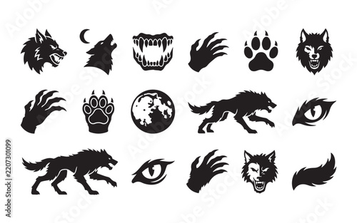 Fotografie Black wolf icons and werewolf silhouttes, various mystical animal body parts for tattoo designs
