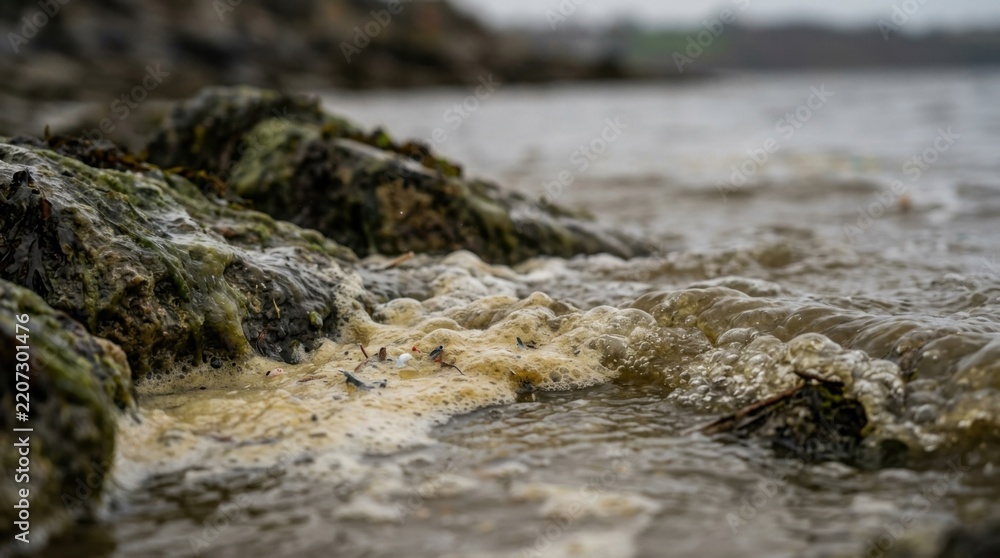 Obraz premium Foamy polluted water lapping against algae covered rocks with murky brown discoloration and floating debris along a coastline