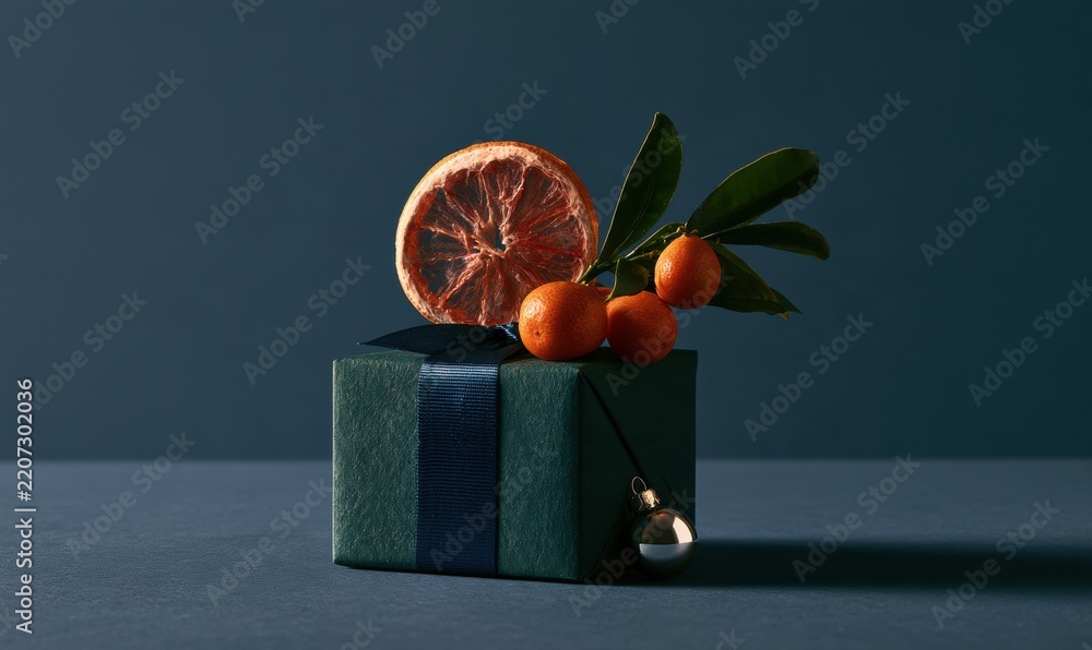 Naklejka premium Minimalist holiday gift box decorated with citrus fruits and greenery