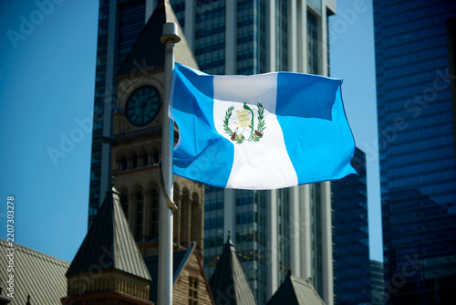 The Guatemalan flag on a flag pole at Toronto City Hall’s Nathan Phillips Square.

