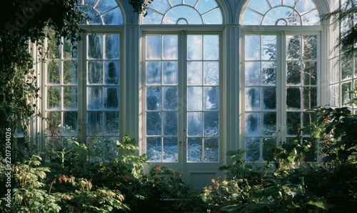 Greenhouse interior with tall windows and vibrant plants