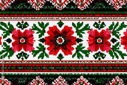 Symmetrical floral and geometric pattern in red, white, and green with retro 8 bit art style