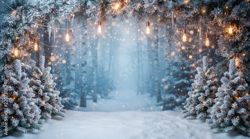 Winter wonderland photo booth with snowy background and illuminated trees