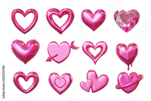 Pink Metallic Foil Heart Icon Asset Collection 3D Render Isolated Background