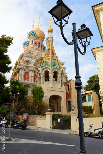 Russian Orthodox Church of Christ the Saviour with golden onion domes in Sanremo, Liguria, Italian Riviera, Italy