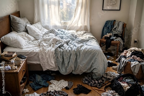 A messy bedroom with an unmade bed, wrinkled white sheets, and dirty clothes scattered on the floor and chair, illuminated by soft morning light.