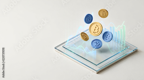 Isometric 3d render of digital cryptocurrency coins and rising financial holographic charts on modern glass pedestal

