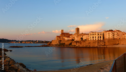 Antibes old town skyline at sunset, French Riviera.