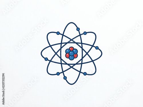 Blue and red line art atom symbol icon illustration on white background