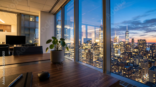 Low angle view of a wooden office desk with a potted plant, computer mouse, and notebook, overlooking the illuminated new york city skyline at dusk through floor-to-ceiling windows