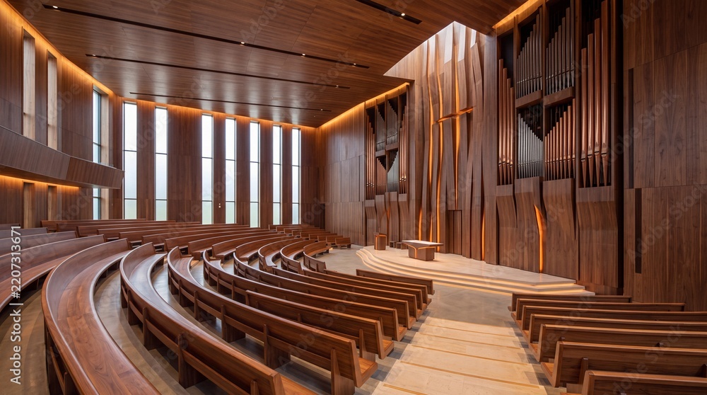 Obraz premium Modern wooden church interior with curved pews, organ pipes, altar platform and warm architectural lighting in a contemporary chapel sanctuary