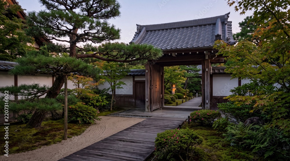 Obraz premium Traditional Japanese temple gate and wooden walkway in a serene moss garden with sculpted pine trees, tiled roof, and soft evening light at dusk