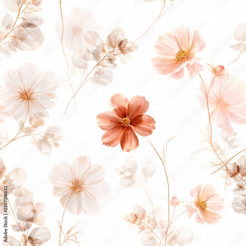 Fototapeta premium Delicate soft pastel floral pattern with translucent petals and gentle stems creating an elegant and airy botanical background design