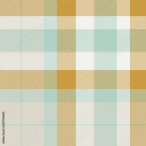 This seamless tartan plaid pattern features a soft, elegant aesthetic with mustard yellow, sage green, and white tones. Ideal for textile design, fashion apparel, home decor, and wrapping paper.