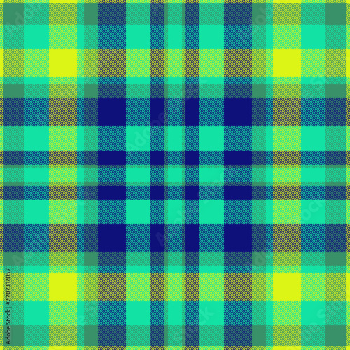 A vibrant, seamless tartan plaid pattern featuring electric blue, neon green, and yellow crosshatch lines. This energetic, symmetrical texture evokes a modern, bold aesthetic. Nobody, no people.