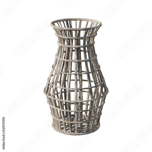 Decorative empty wicker vase isolated on a plain white background.