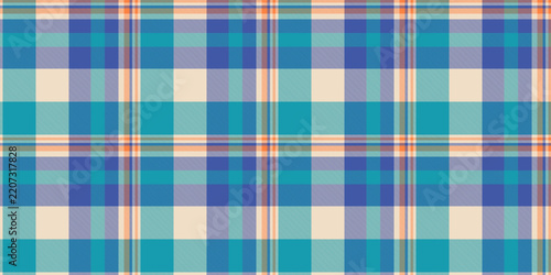 This seamless plaid pattern features vibrant blue, teal, and soft orange intersecting lines. A classic textile design perfect for modern fashion, apparel, home decor, and creative digital projects.