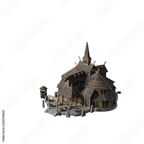 Isometric illustration of a traditional wooden Viking stave church on a white background.