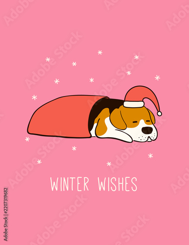 Funny Christmas dog illustration. Cute doggy, puppy in Santa Claus hat sleepi...