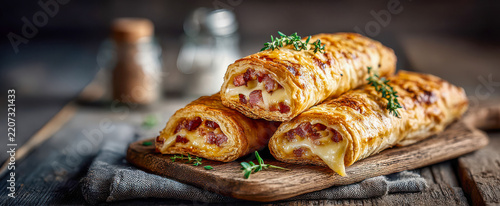 Golden sausage rolls rest on wooden board, their cut ends revealing melted cheese and savory filling. Fresh thyme garnishes crisp pastry, making this hearty bake tempting summer cookout dish.