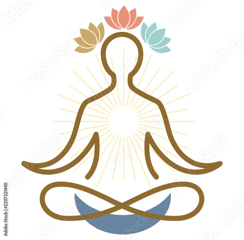 Abstract Yoga Meditation Line Art with Lotus Chakras and Radiant Energy