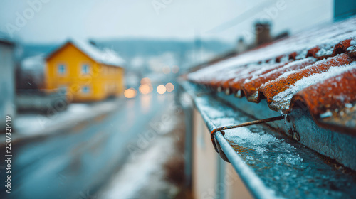 Snow covered roof edge overhangs metal rain gutter in winter, with ice and slush collected inside. Rust colored tiles and dripping icicle frame softly blurred village street, while meltwater drips.