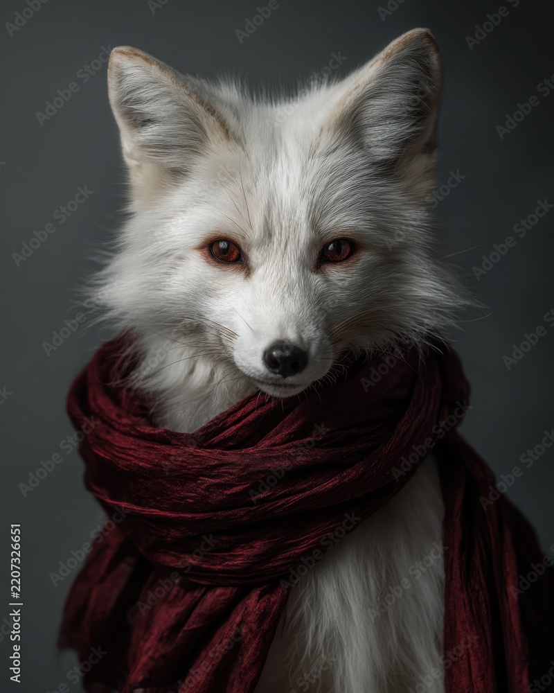 Obraz premium Elegant white fox adorned with deep red scarf against a dark background