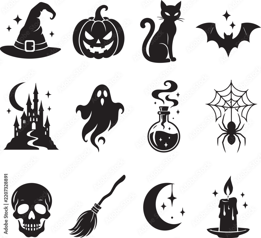 Fototapeta premium Set of halloween icons featuring a witch hat, jackolantern, black cat, bat, haunted castle, ghost, potion bottle, spider web, skull, broomstick, crescent moon, and candle