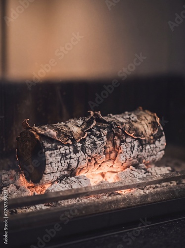 Burning birch log smoldering on glowing embers with white ash inside a cozy fireplace during winter