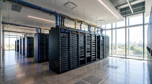 Wide angle view of a server room with rows of black server racks, overhead cable trays, and large glass windows overlooking a landscape