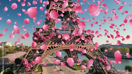 Brightly colored outdoor scene featuring a towering Eiffel Tower replica surrounded by floating pink petals