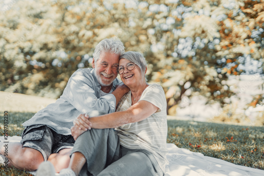 Fototapeta premium Elderly couple sitting on a blanket in a sunlit park, smiling and embracing while enjoying a relaxed picnic outdoors. Warm, joyful, intimate moment celebrating love, companionship and active