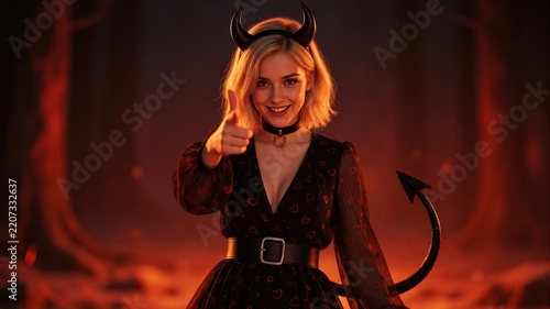 Charming Blonde Devil Woman with Horns and Tail in Haunted Forest
