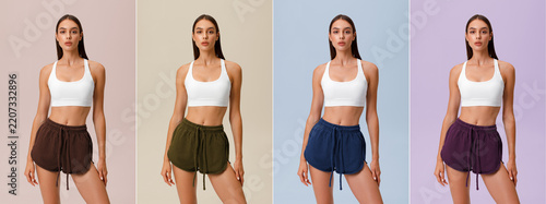 Fitness woman on color background. Athletic girl in shorts of different colors