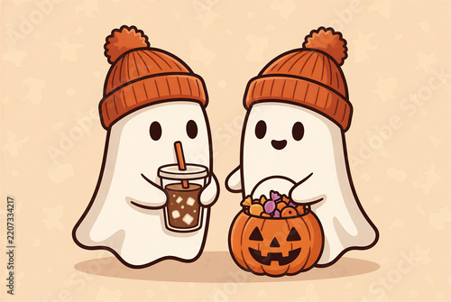 Two Cute Friendly Ghosts Sharing Iced Coffee and Halloween Bucket